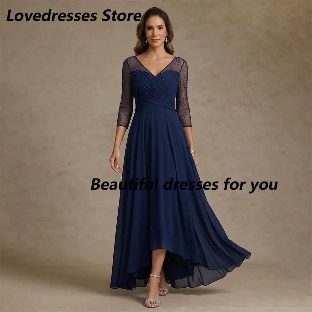 Elegant Navy Mother of The Bride Dresses V-Neck 3/4 Sleeves Sequin Chiffon A Line Mother Dresses for Wedding Customized