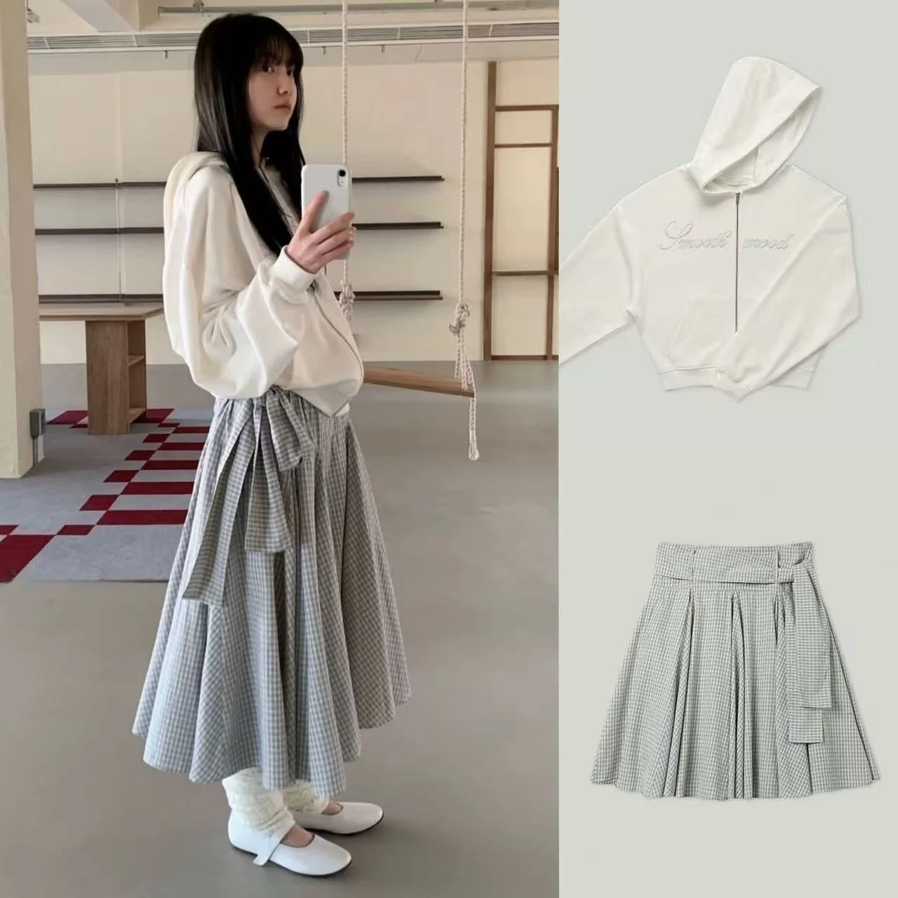 

Smoothmood Li JinHua Hooded Pocket Sweatshirt Plaid Belted Half Skirt Two-Piece Set Long Sleeve High Waist Spring Fashion