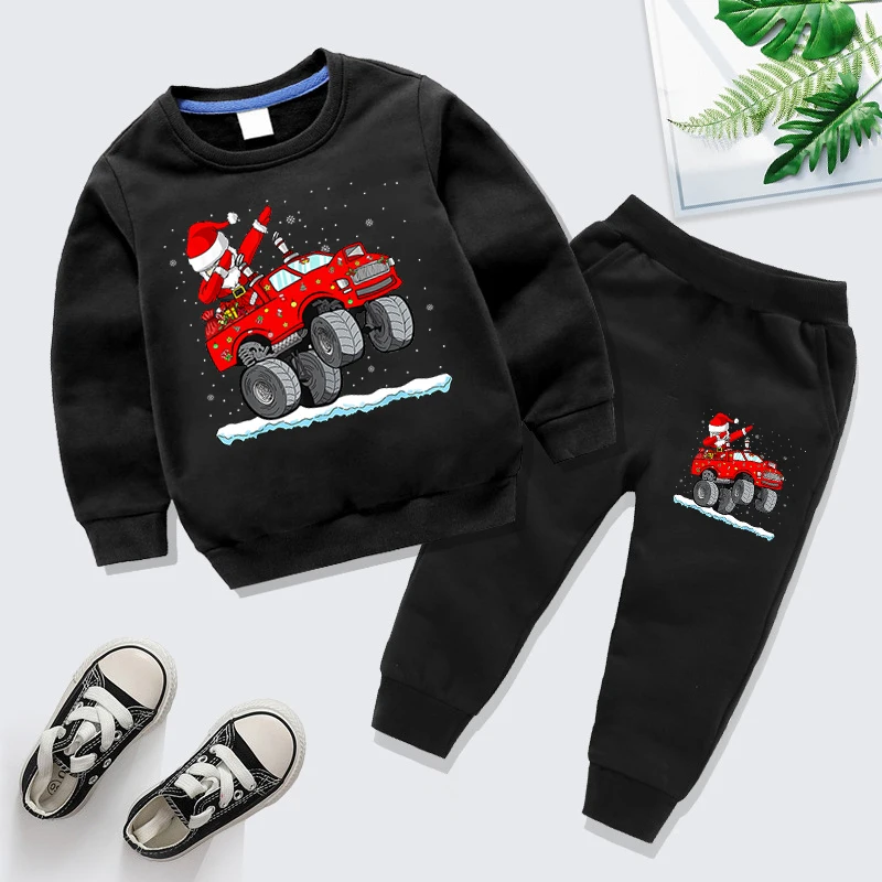 2Pcs Boys Girls Christmas Clothes Sets Cartoon Santa Claus Dabbing Truck Print Sweatshirts+Pants Tracksuits Kids Xmas Outfits