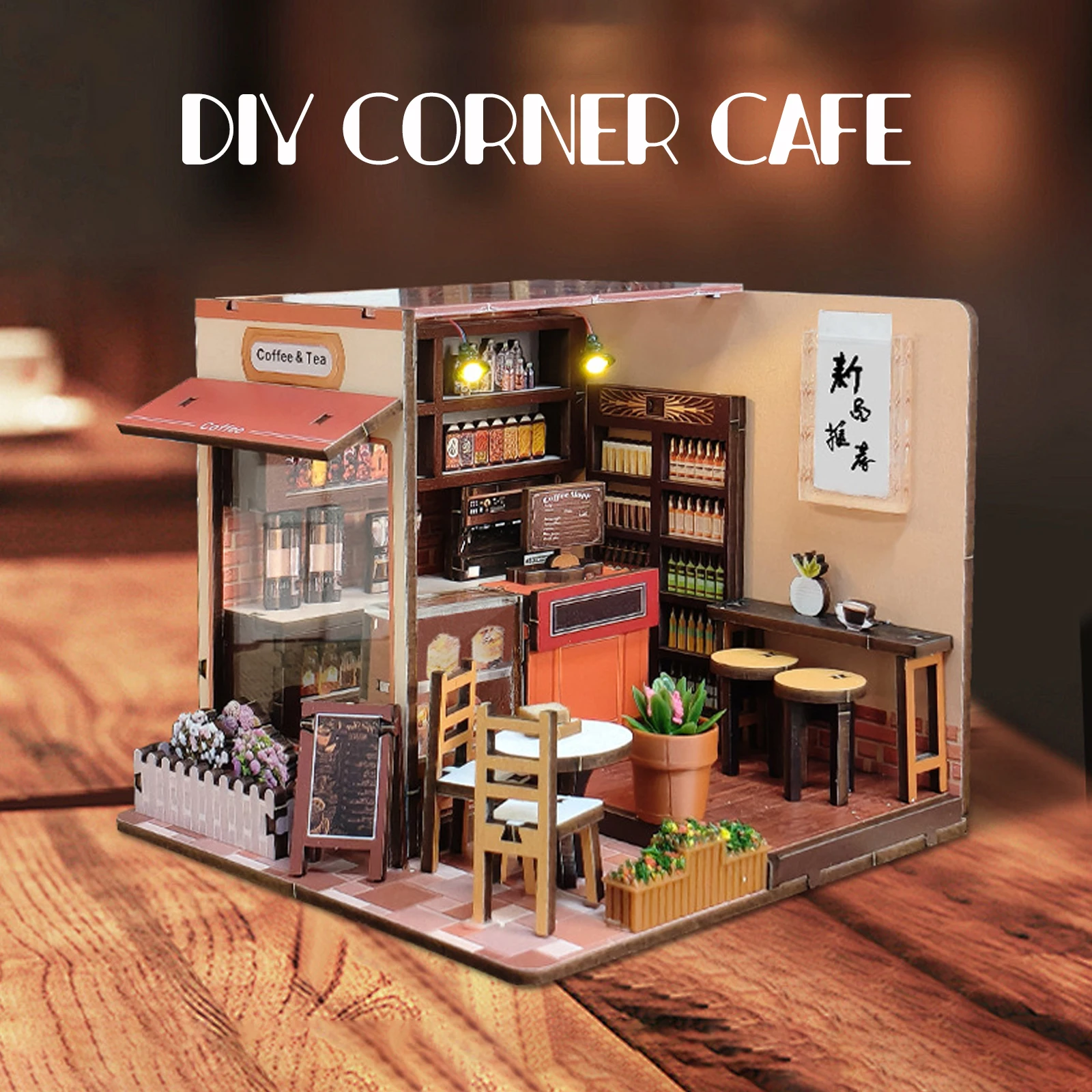 

3d wooden puzzle for adults Corner Coffee Shop book nook with lights model kit dollhouse DIY miniature house Birthday and Christ