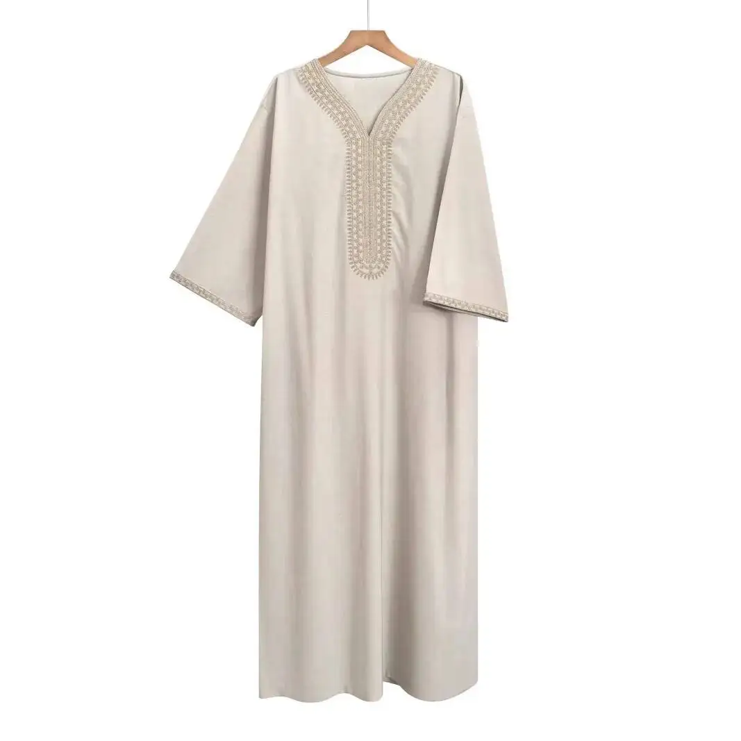 

Embroidered 2025 New High-end Thobe Men's Clothing Muslim Mid-sleeve Linen Robe with Pockets Ramadan Dubai Luxury Islam Elegant