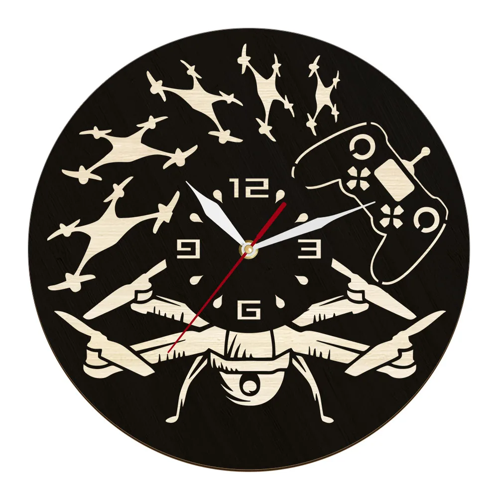 UAV Gamepad Control Wooden Decorative Round Wall Clock High Technology Unmanned Aerial Vehicle Morden Design Watch For Man Cave