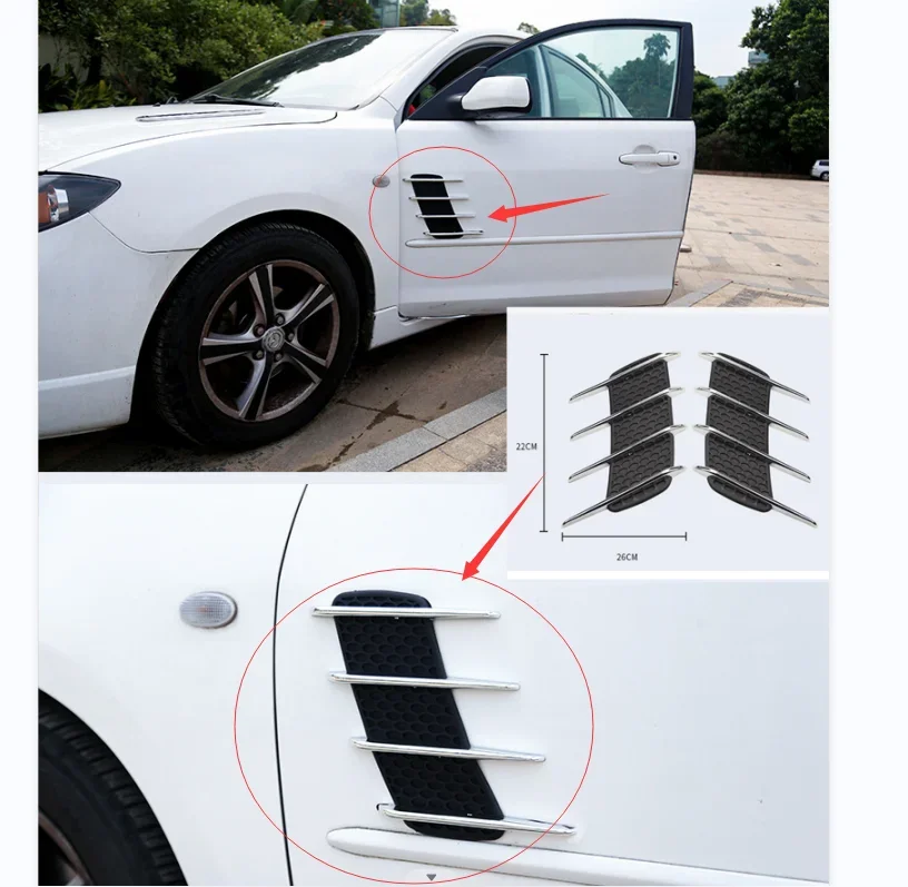 ABS Silver+Black Universal DIY Car Accessories Side Door Shark Gill Air Flow Vent Decor Fender Grille Trim Exterior Stickers