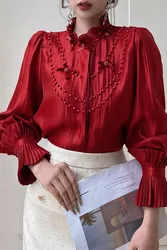 DABUWAWA Tienda Vestidos Elegantes Para Mujeres Embroidered Flares Shirts & Blouses Wrinkling Tierred Stand Tops Y2k DA1AST007