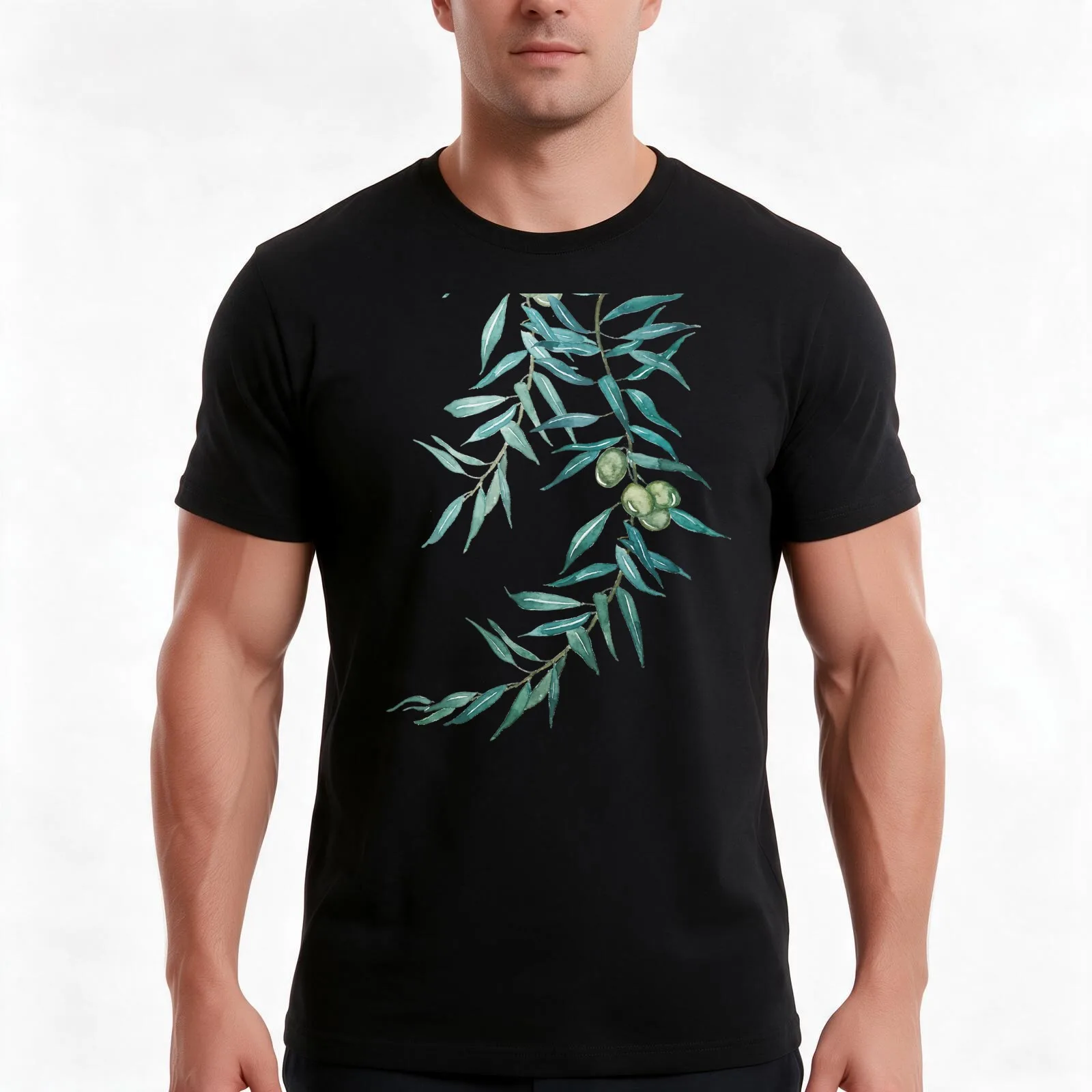 green olive leaf watercolor painting T-Shirt, Summer Casual Cotton Tee, Oversized Streetwear Tops, Vintage Graphic Print