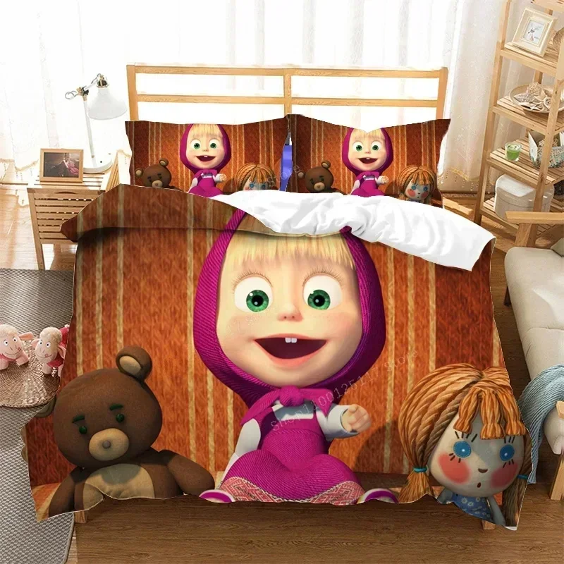رائجة البيع ماشا والدب طقم سرير غطاء لحاف مع المخدة أنيمي ديكور غرفة نوم غطاء لحاف الفراش دعوى الاطفال هدية عيد الميلاد