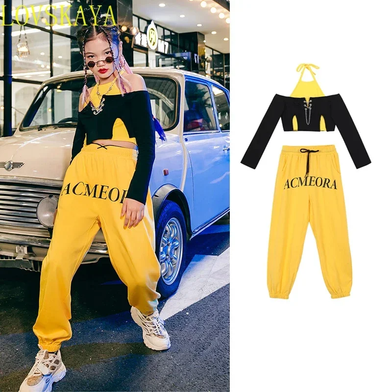 

Kids Street Dance Stage Performance Costume Girls Model Catwalk Show Outfits Kids Jazz Dance HipHop Black Yellow Clothes DQL6744