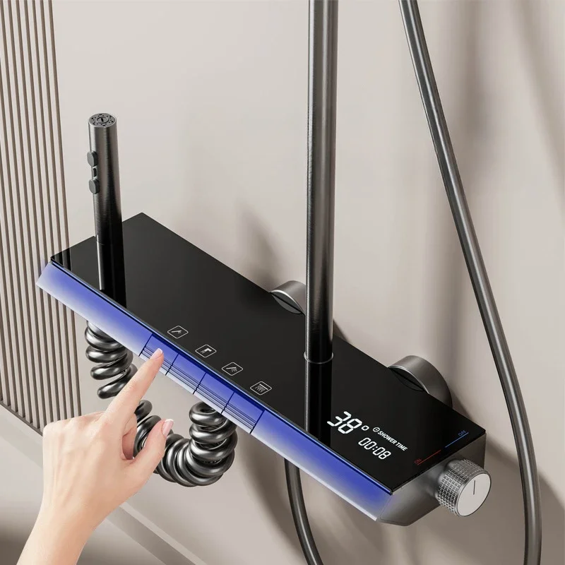 Luxury Smart Temperature Digital Display Shower Faucet System Wall Mounted 4 Function Piano Key Hot Cold Shower Set for Bathroom