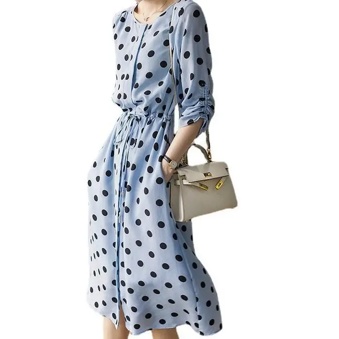 French Polka Dot Versatile Mulberry Silk Dress for Women, High Sense, Medium and Long Skirt, Summer, Green, Temperament