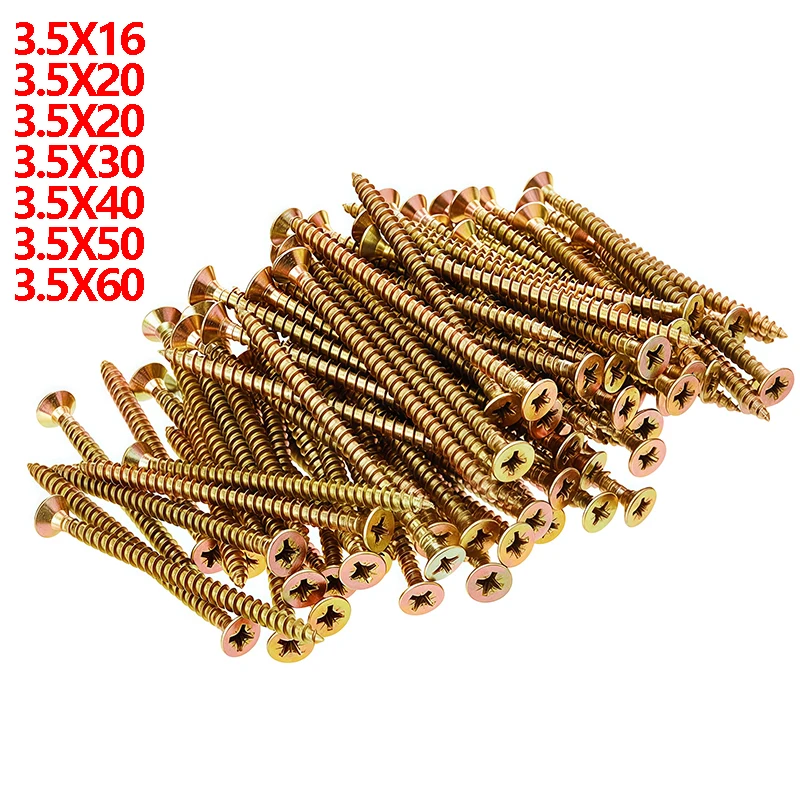 100 piezas de tornillos autorroscantes de cabeza plana M3.5 de aleación de zinc, tornillos autorroscantes de cabeza de acanalado cruzado para madera y tablero de fibra