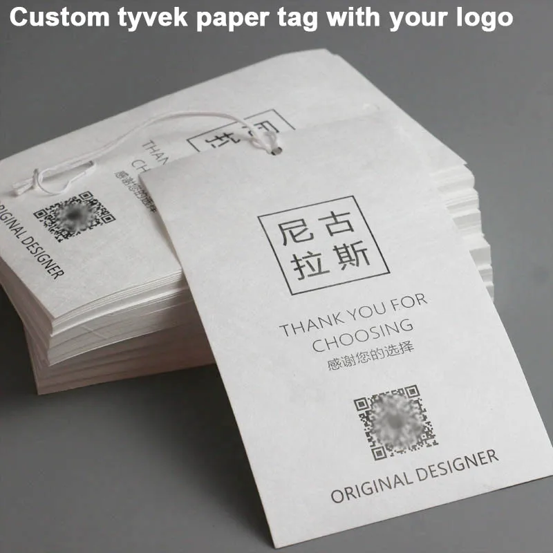 1000Pcs A lot tyvek paper Tags Custom Your LOGO Clothes Labels  Waterproof paper Tag resistant Hang Personalized Garment parts