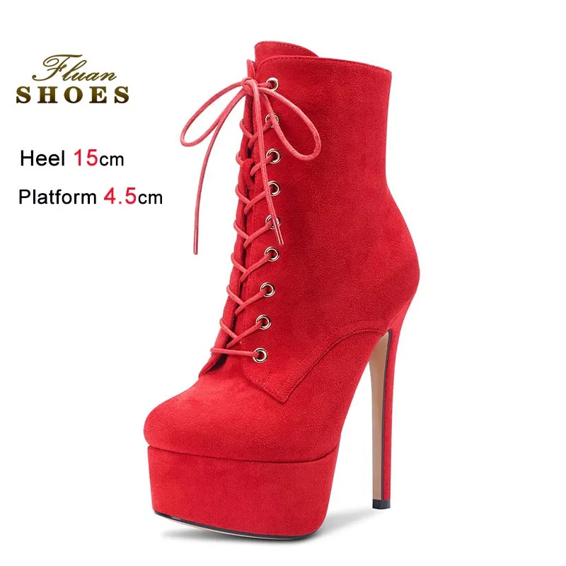 

Новые замшевые сапоги на очень высоком каблуке для женщин, сексуальные красные ботильоны на толстой подошве с передней шнуровкой, для ночных клубов и сценических выступлений, модель CD.