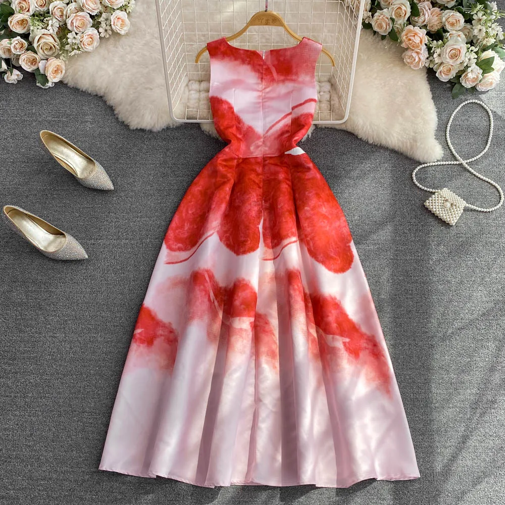 Fashion Flower Print Wmen Vest Midi Dress Elegant O Neck Summer Sleeveless Slim High Waist A Line Party Runway Tank Dress