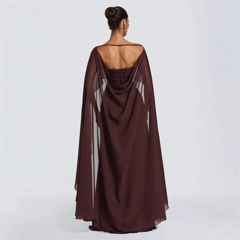 Brown Wrap Cape Prom Dress Sexy Lace Up Back Full Sleeves Long Sheath Party Gown Casual Hot Girl Formal Wedding Birthday Robe view 2