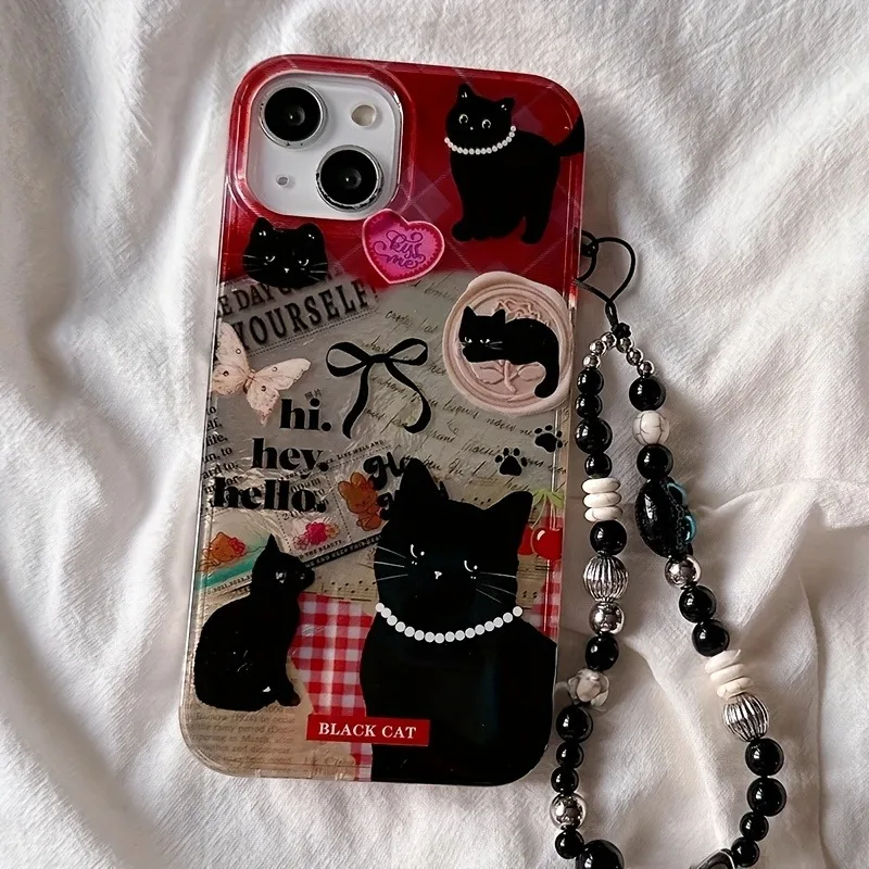 Funda de teléfono con diseño de gato negro para iPhone 11 12 13 14 15 16 17 Pro Max 16E 17Air X XR XS 7 8 Plus con funda con cordón de cuentas de gatito