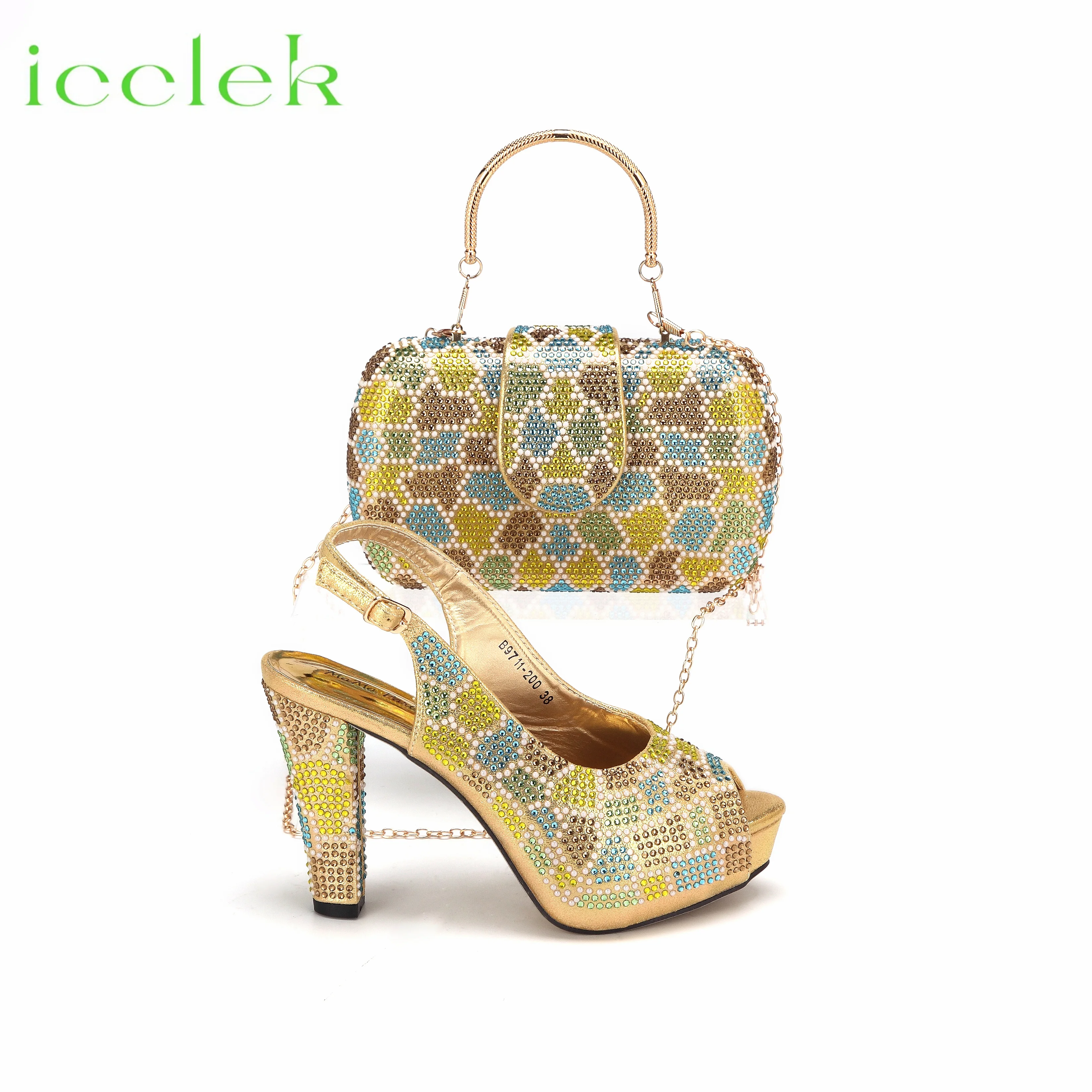 

2024 Gold Color High Quality Peep Toe Mixed Color Design Rhinestones Design Shoes Matching Bag Set For Wedding Party