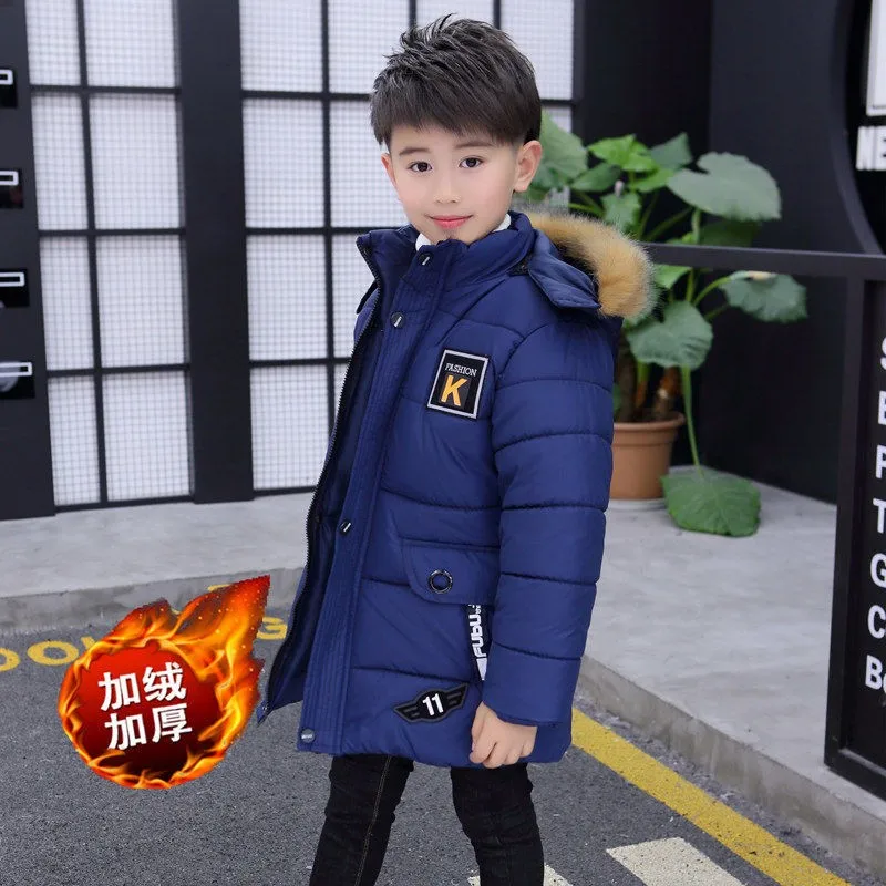 Kids 4-14 Years Boys Hooded Jacket Winter Thicken Keep Warm Fur Collar Zipper Coat Children Fashion Outerwear Christmas Clothing 4