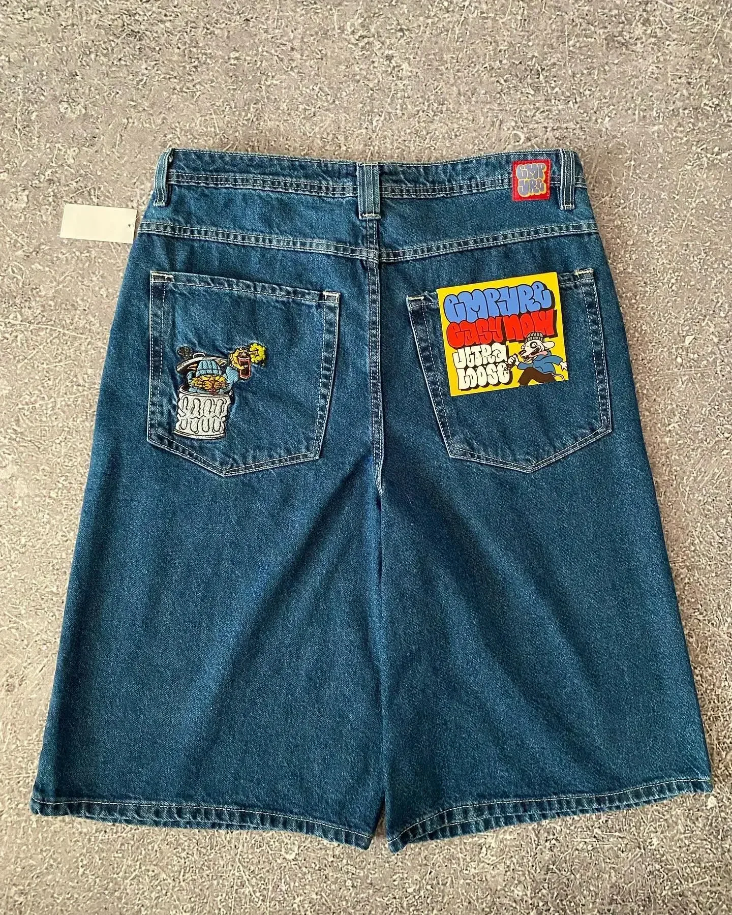 Y2K New Nine-day Blue Jeans Skateboard Shorts Cartoon Embroidery Loose Jeans Wide-leg Pants Couples Wear On The Street  Pants