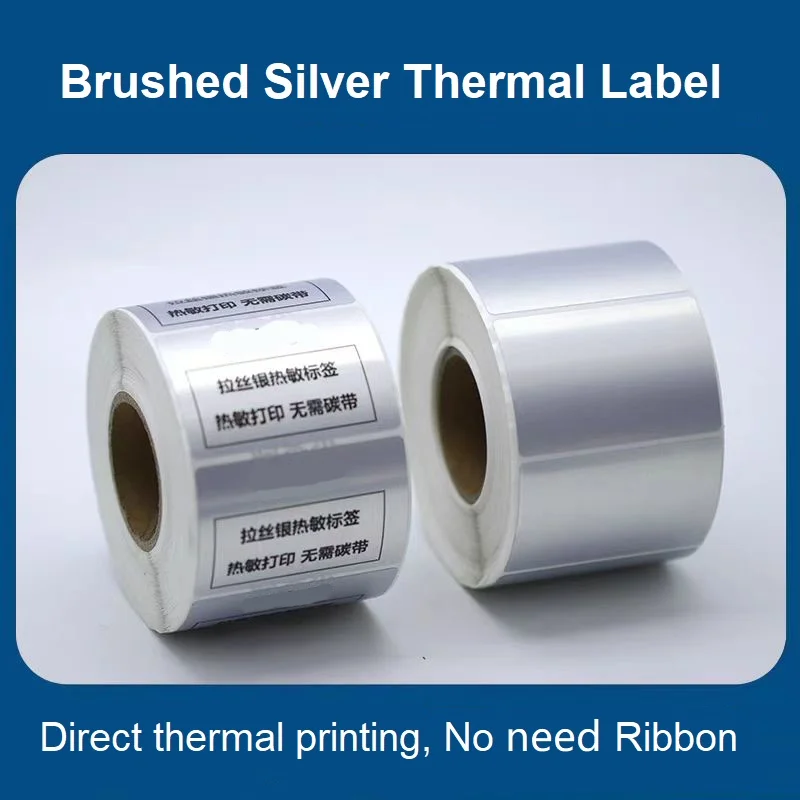 Brushed silver thermal label paper small roll Tear resistant 30 40 50 60 70mm metallic barcode sticker for cosmetic