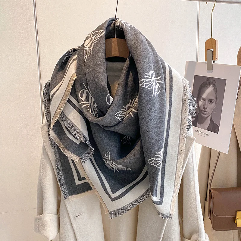 Fashion Kerchief Cashmere Women Two-sided Scarf Winter Warm Bees Shawl and Wrap Bandana Pashmina Foulard Square Thick Blanket