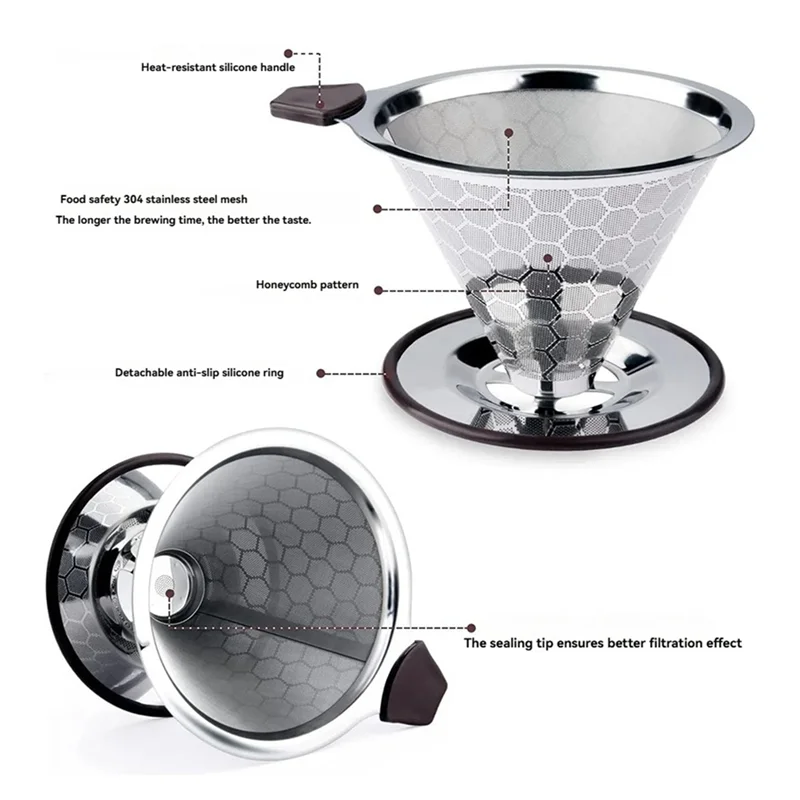 CKFAM-Pour Over Coffee Filter Dripper Reusable Stainless Steel Drip Coffee Maker Cone Coffee Mesh Filters For 1-4 Cup view 4
