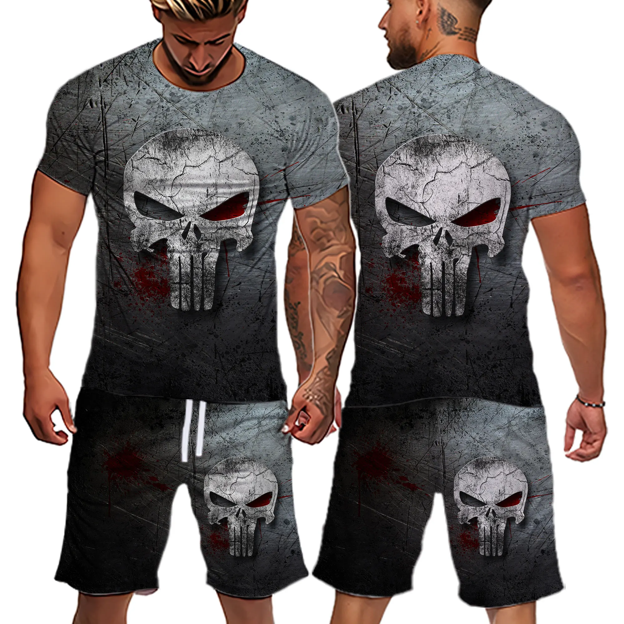 2022 Summer Horrible Skull Casual Shorts Sets Skull Printing T-shirt + Shorts 2-piece Suit Fashion Sportswear Tracksuit Men