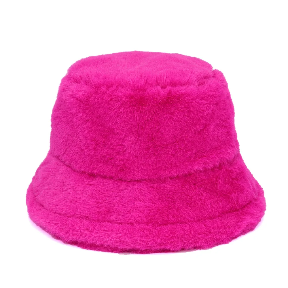 2022 New Faux Fur Winter Bucket Hat Women High Quality Solid Warm Female Cap Outdoor Sunscreen Sun Hat Panama Lady Panama Cap