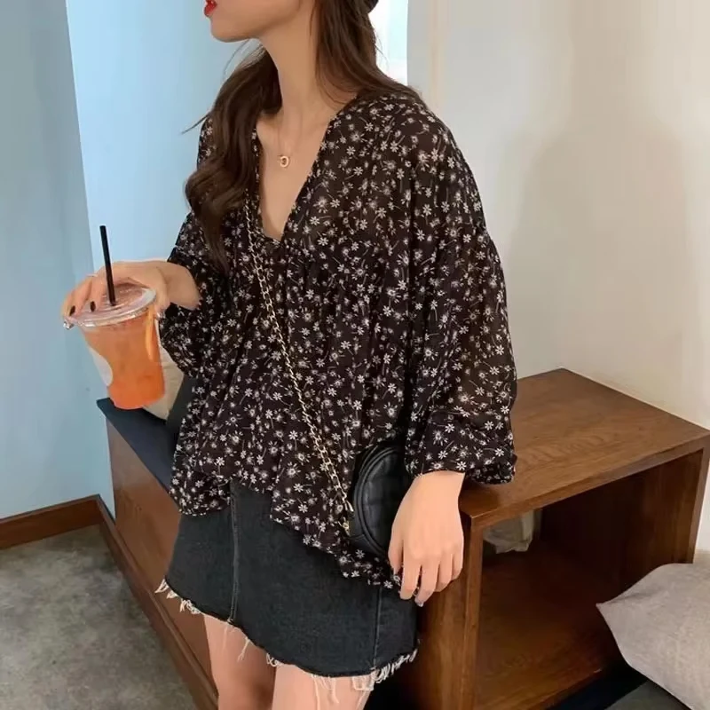 2024 Spring Floral Printed Blouse Korean Style V-neck Chiffon Shirt Women Sweet Tops Casual Loose Slim Long Sleeve Clothes 9307