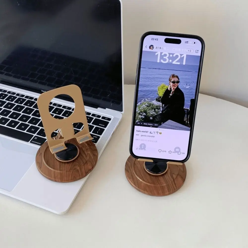 

Retro Walnut Wood Phone Holder Metal Foldable Desktop Cellphone Stand 360° Rotation with Anti-Slip Base Phone Bracket