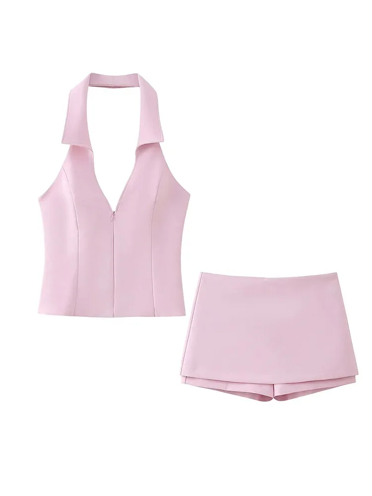 ZABA Donna Moda Rosa Gonna Due Pezzi Set Mini Gonna a Vita Alta Pantaloncini Sexy Dolce Scollo a V Senza Maniche Zip Lapel Top