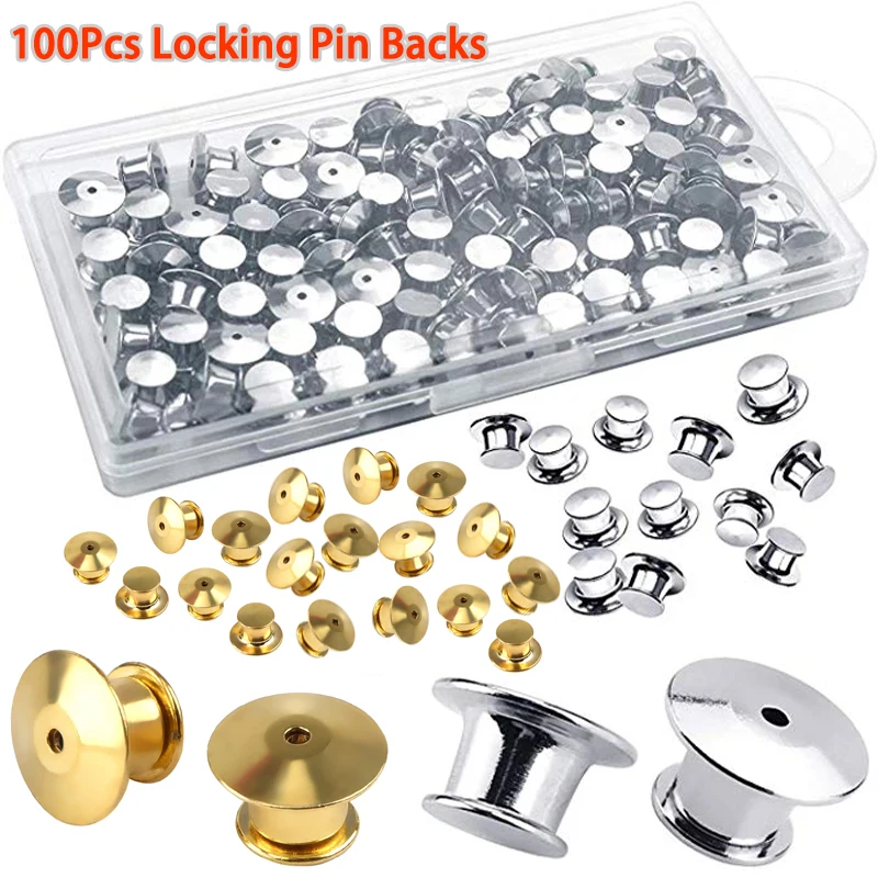 

100Pcs Metal Locking Pin Backs Golden Silver Locking Pin Keepers with Storage Case Mini Locking Clasp for Broochs Badge Brooch