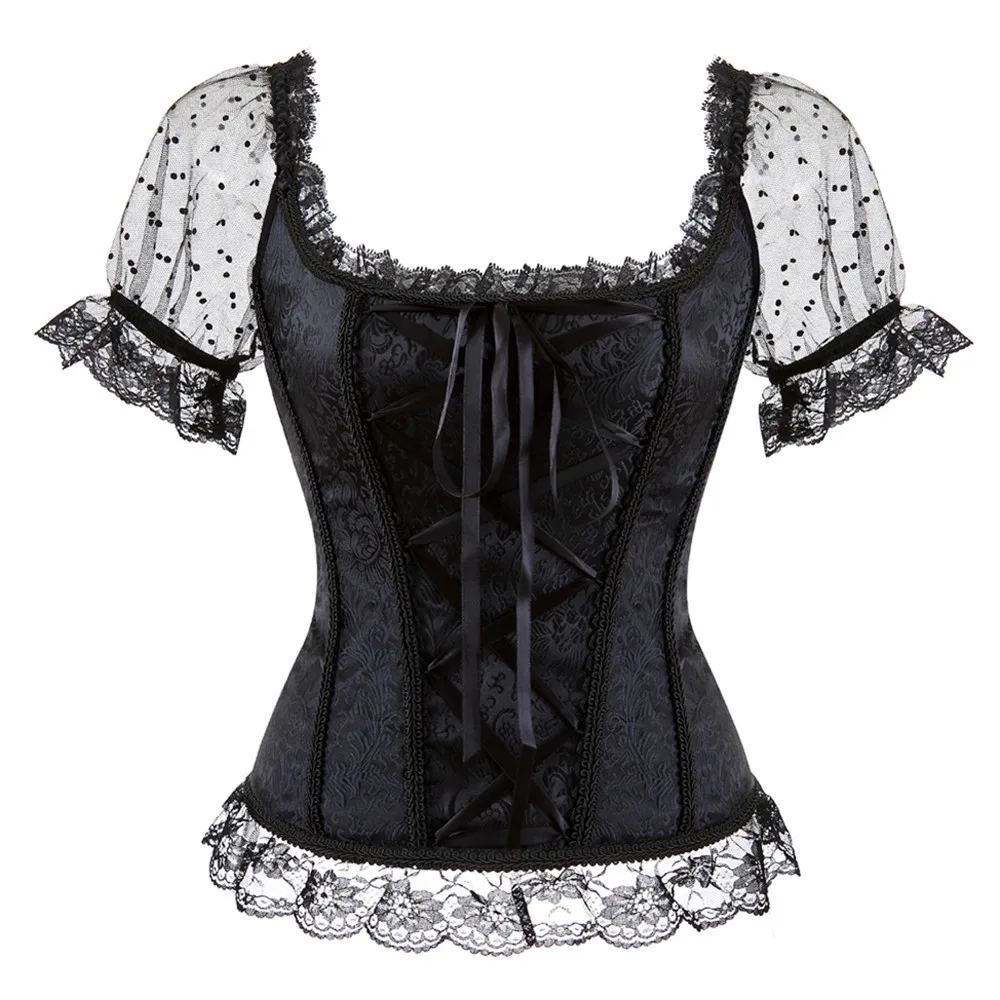 

Sexy Overbust Corset for Women Puff Lace Short Sleeves Corset Shapewear Burlesque Vintage Lingerie Jacquard Corselet Plus Size