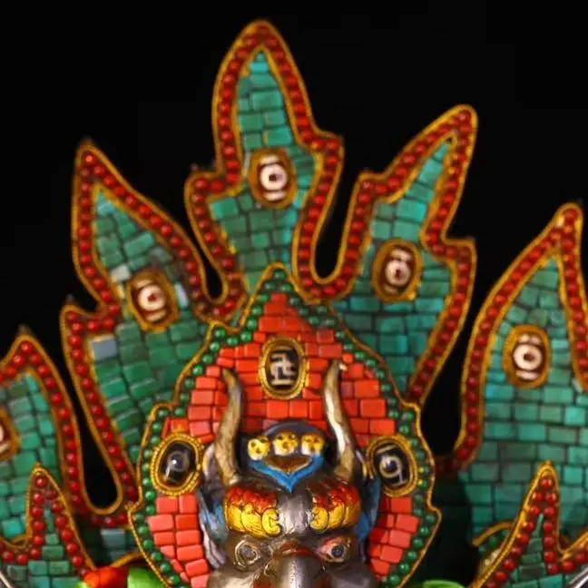 

19-дюймовая непальская народная мозаичная мандала Тианти с бусинами гзи, бирюзовая, с изображением Гаруды и Будды, подсветкой, основанием для ваджры и пхурпы, для молитвенного зала