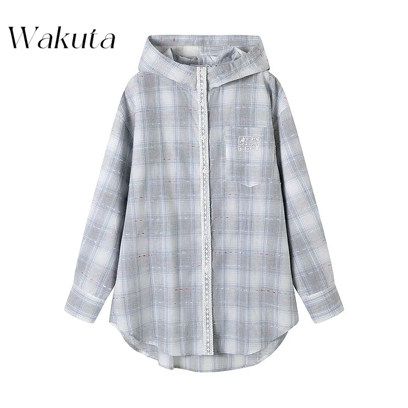 WAKUTA Korean Retro Half-high Neck Long-sleeved Striped Blouses Fashion Slim Plaid Hooded Shirt Thin Jacket Y2K Camisas De Mujer