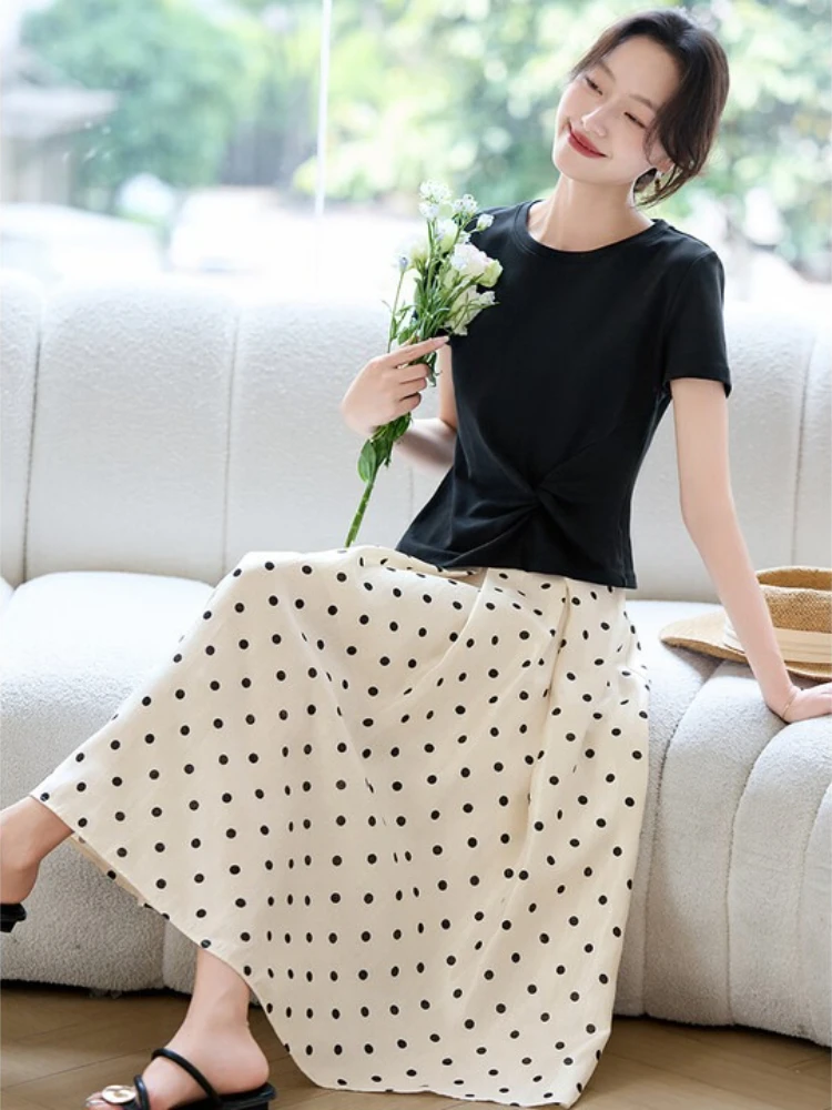SENTUBILA-Conjunto de falda de 2 piezas para mujer, camisetas informales de algodón puro con cuello redondo y manga corta, faldas de lunares, verano 2025, 152ZC2622Z