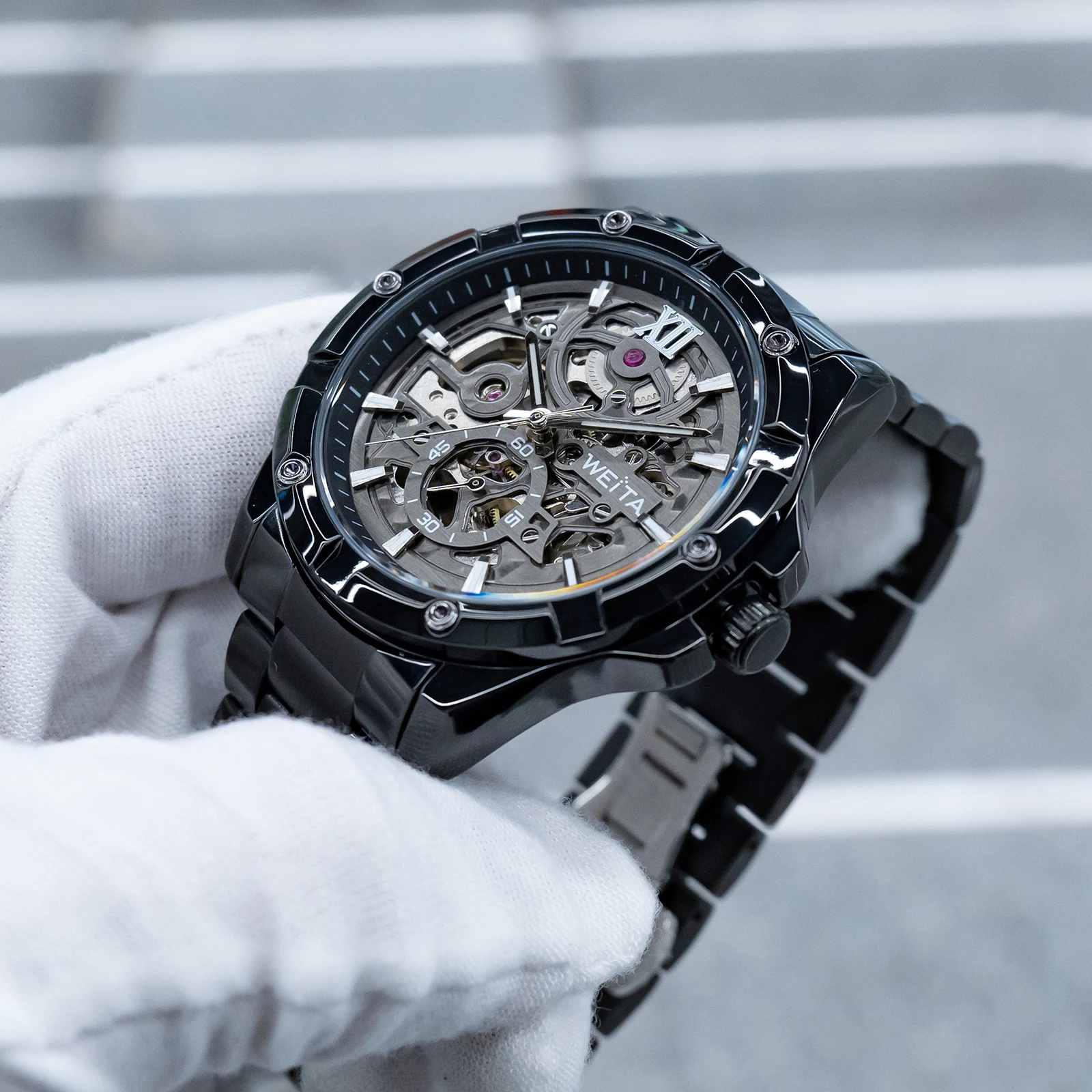 

Weita мужские полностью черные PVD полые браслеты механические часы WT3100 водонепроницаемые военные автоматические часы со скелетом