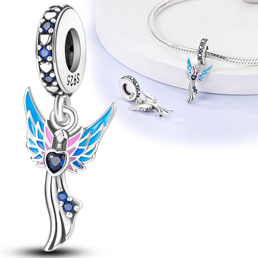 

Подвески Plata 925, синие, розовые ангельские подвески в форме сердца, подходят для оригинальных браслетов 925, подвески для женщин, ювелирные изделия, сделай сам, подарки