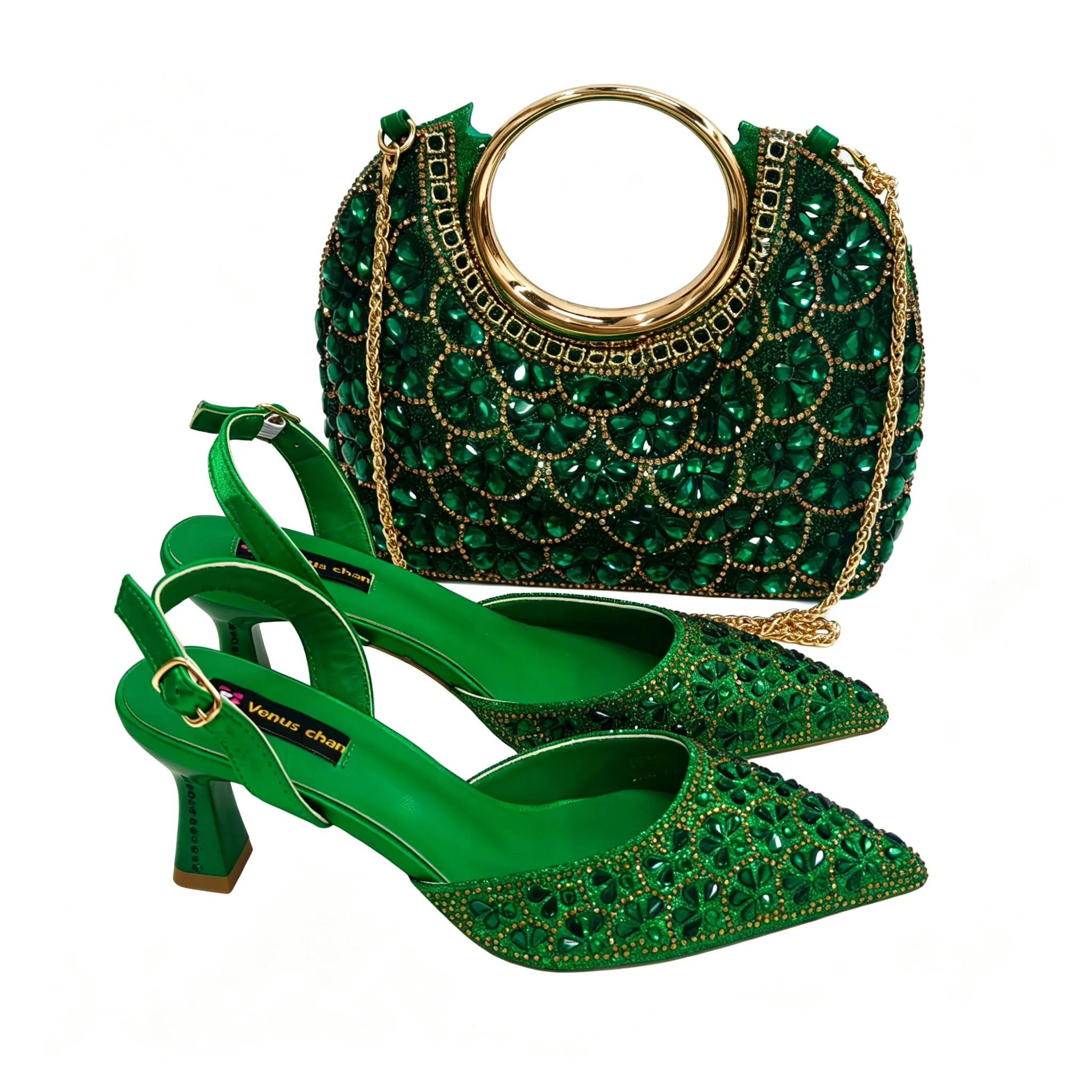 2026 INS Italienisches Design Elegantes Grünes Strass Spitze High Heels & Handtaschen-Set - Ideal für Hochzeiten und Besondere Anlässe