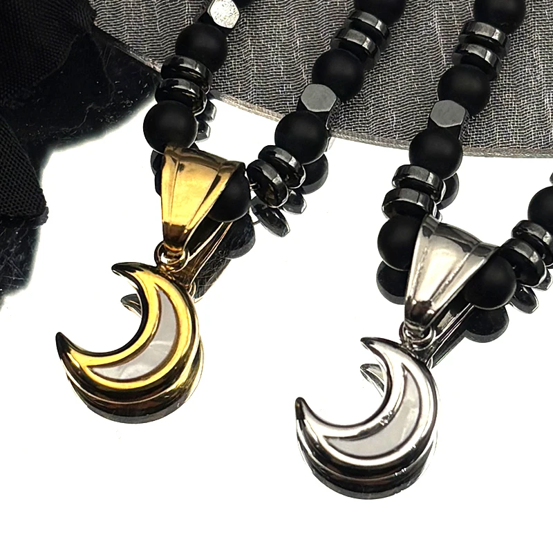 

Shell Crescent Moon Pendant Necklace for Women Men Stainless Steel Gold Silver Color Hematite Beaded Chain Healing Jewelry Gift