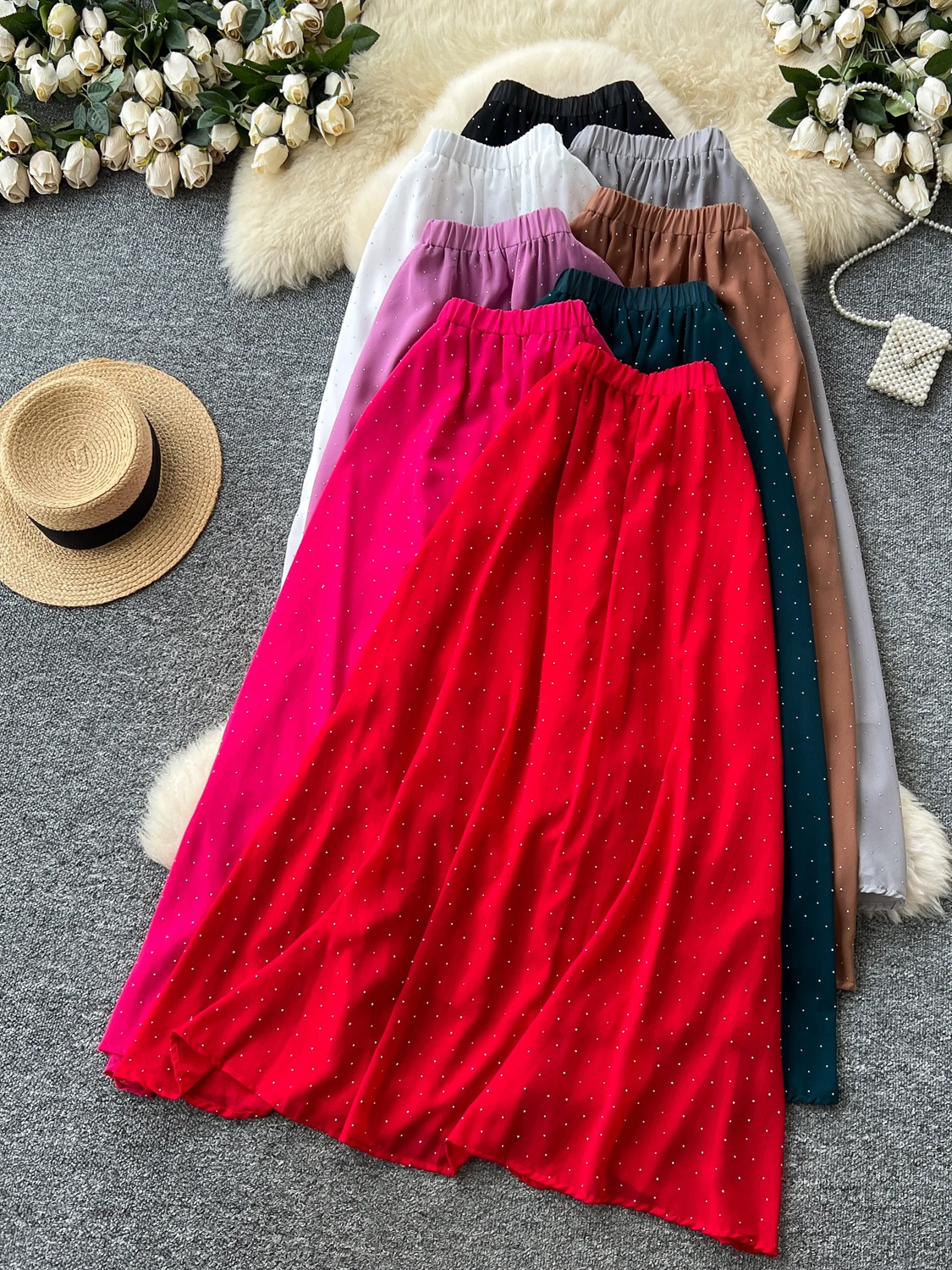 Gonna longuette a trapezio da donna con strass pesanti Ele Gonna longuette estiva a vita alta in chiffon snellente drappeggiato Ci Commute