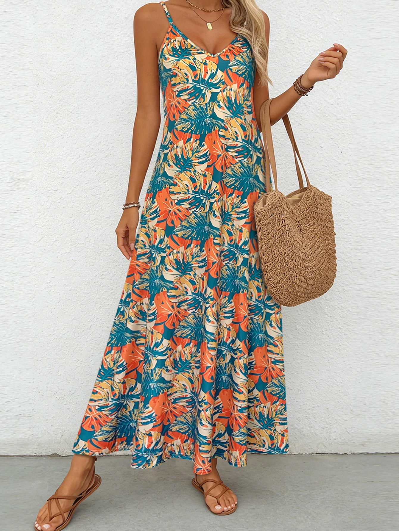 Damen-Maxikleid mit tropischem Monstera-Print und Spaghettiträgern, sommerliches, lässiges Strandkleid mit V-Ausschnitt und fließender A-Linie