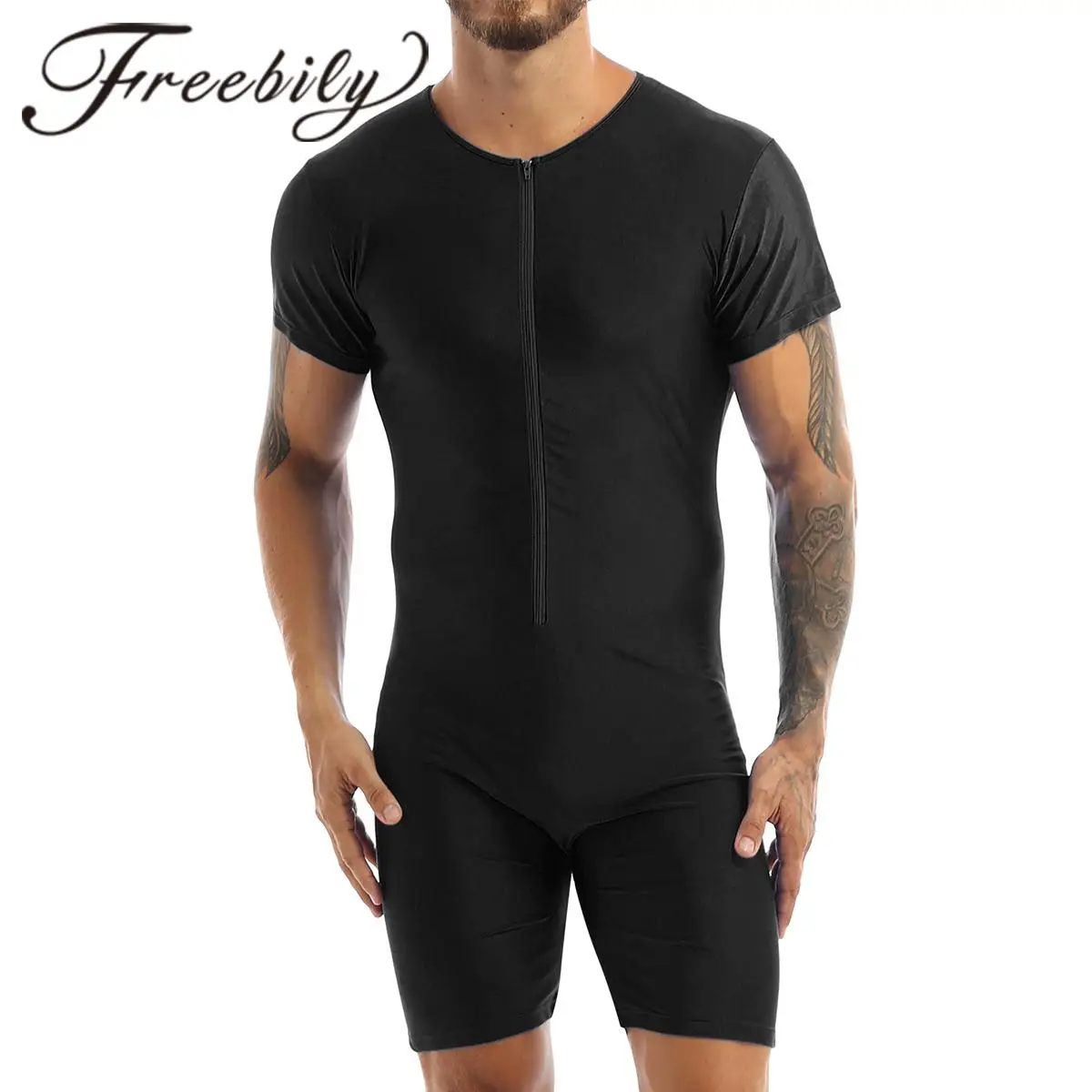 Newest Mens One-piece swimsuit Short Sleeve Front Zipper Boxer Briefs Bodysuit Leotard Underwear Male Swim Wear