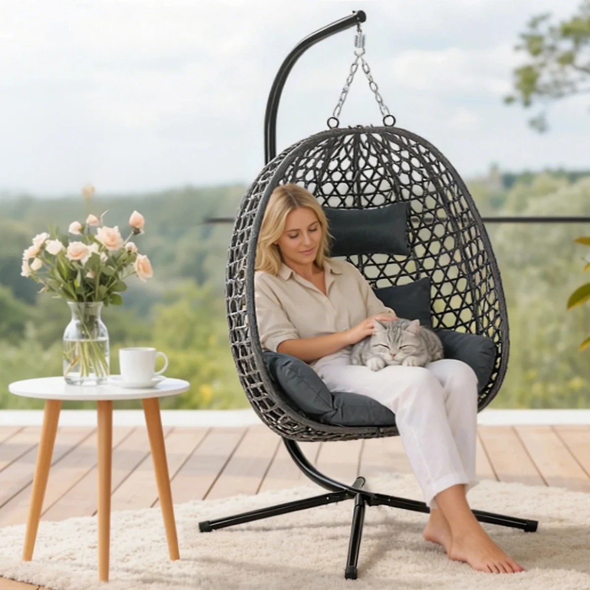 Silla Colgante WOLTU con Cojín y Reposacabezas, Hamaca Columpio con Soporte para Interiores, Exteriores, Jardín, Balcón, Carga 150 Kg