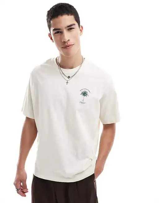 Oversized T-shirt with Palm Print in Beige High-end Luxury Unisex Style Both of Men and Women view 2