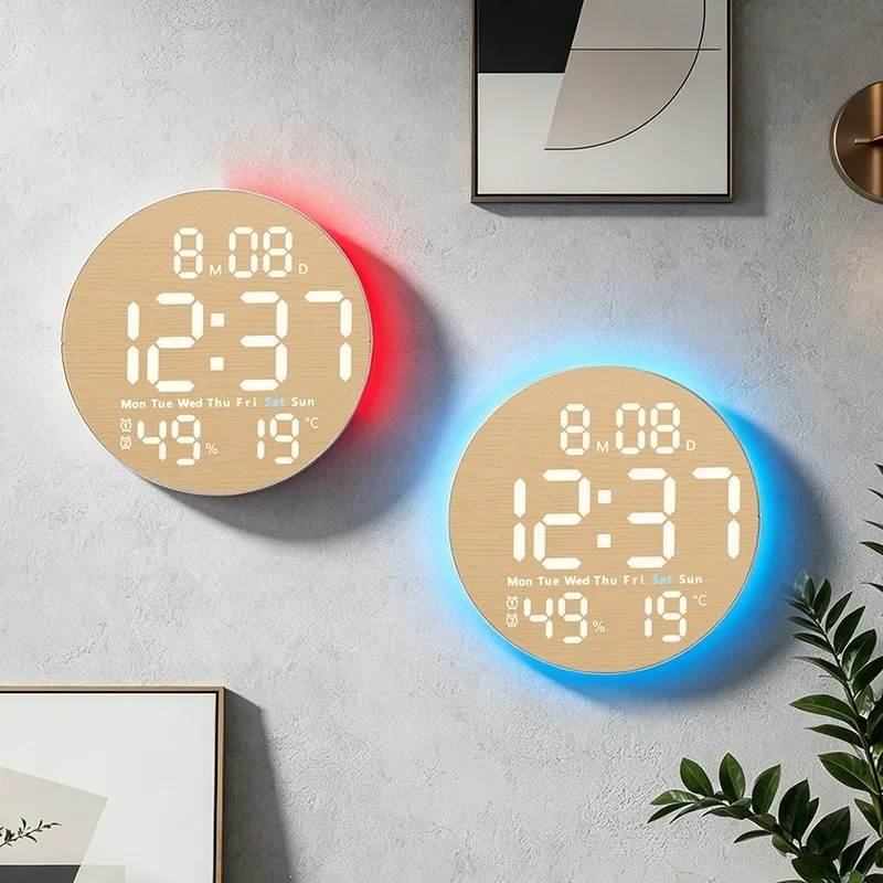 10 Zoll Digitale Wanduhr mit Fernbedienung, 9 Farben Stimmungslicht, Datum, Temperatur, Luftfeuchtigkeit, Timer, automatische Dimmung, LED-Wecker für Fitnessstudio und Yoga – Detail 3