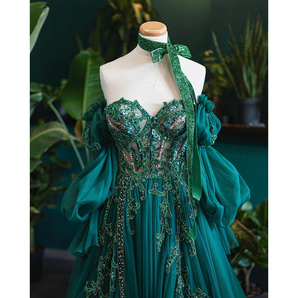 Prom Dress Dark Green Long Bubble Sleeve A-line Party Dress Applique Floral Evening Dress Fairy Dress For Women Luxury Dream