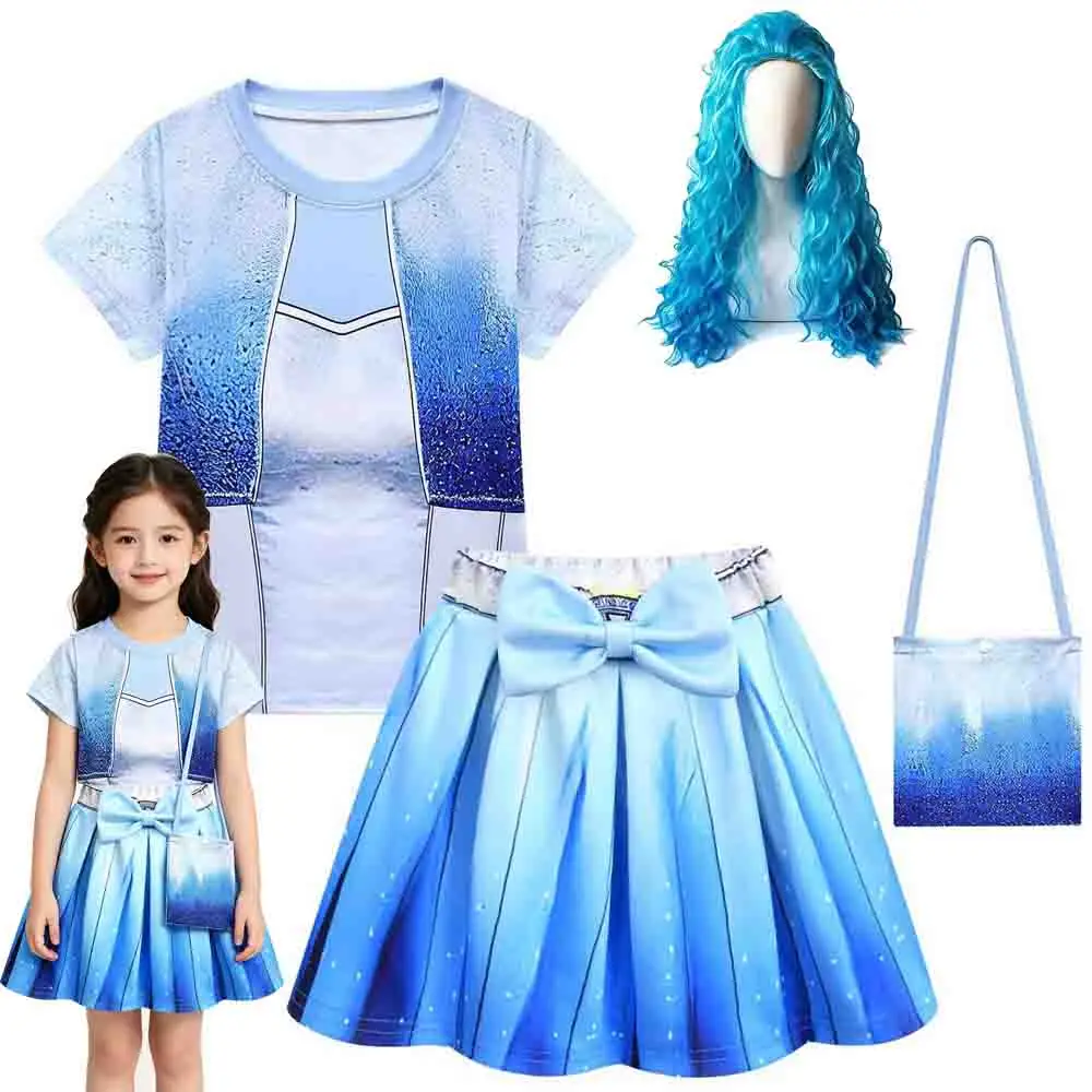 Image of Kinder DDescendant Chloe Cosplay Kostüm Mädchen Kurzarm-Oberteil Faltenrock Tasche Perücke Set Kinder Party Rollenspiel Outfit