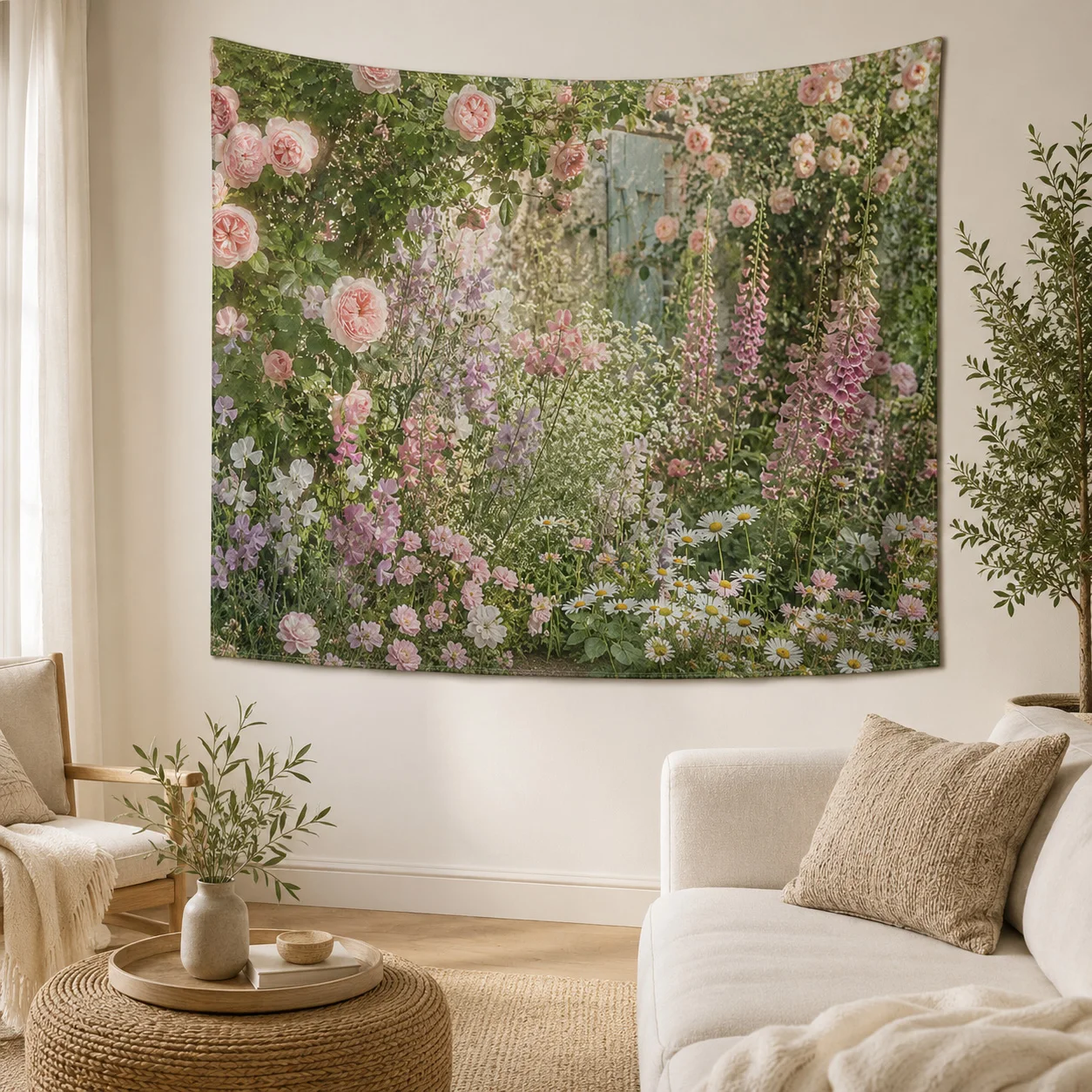 Vintage Pink Rose Tapestry Garden Wall Hanging, Aesthetic Live Background
