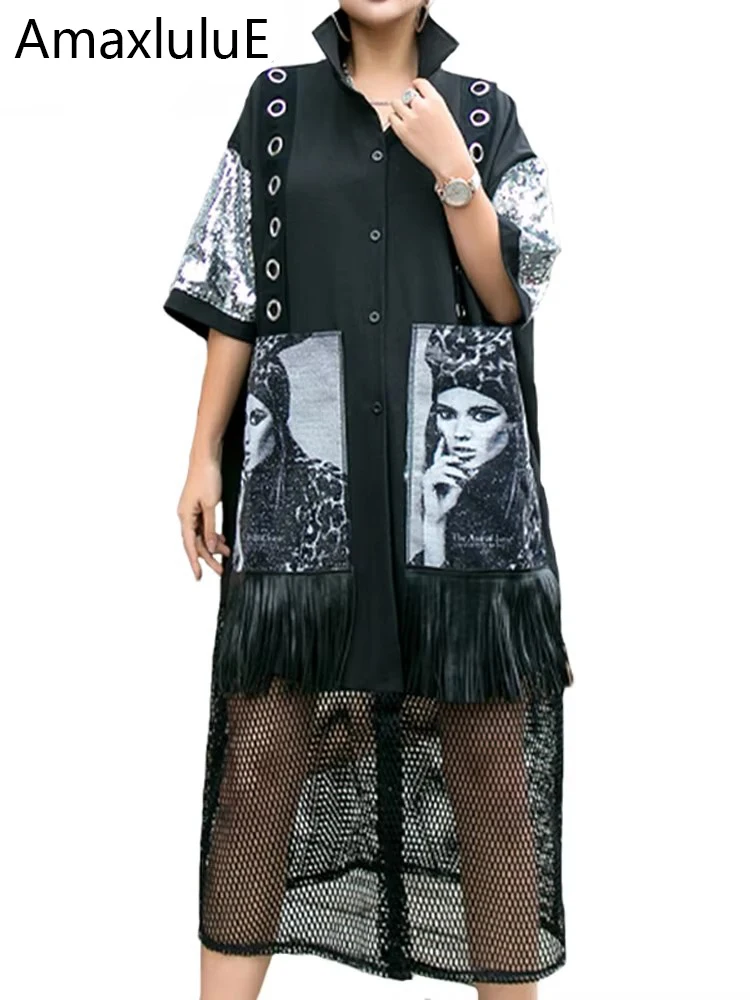 Amax luluE European Fashion Style 2024 Summer Ladies Vintage Dresses Womens Casual Sequins Mesh Dress Loose Patchwork Vestidos