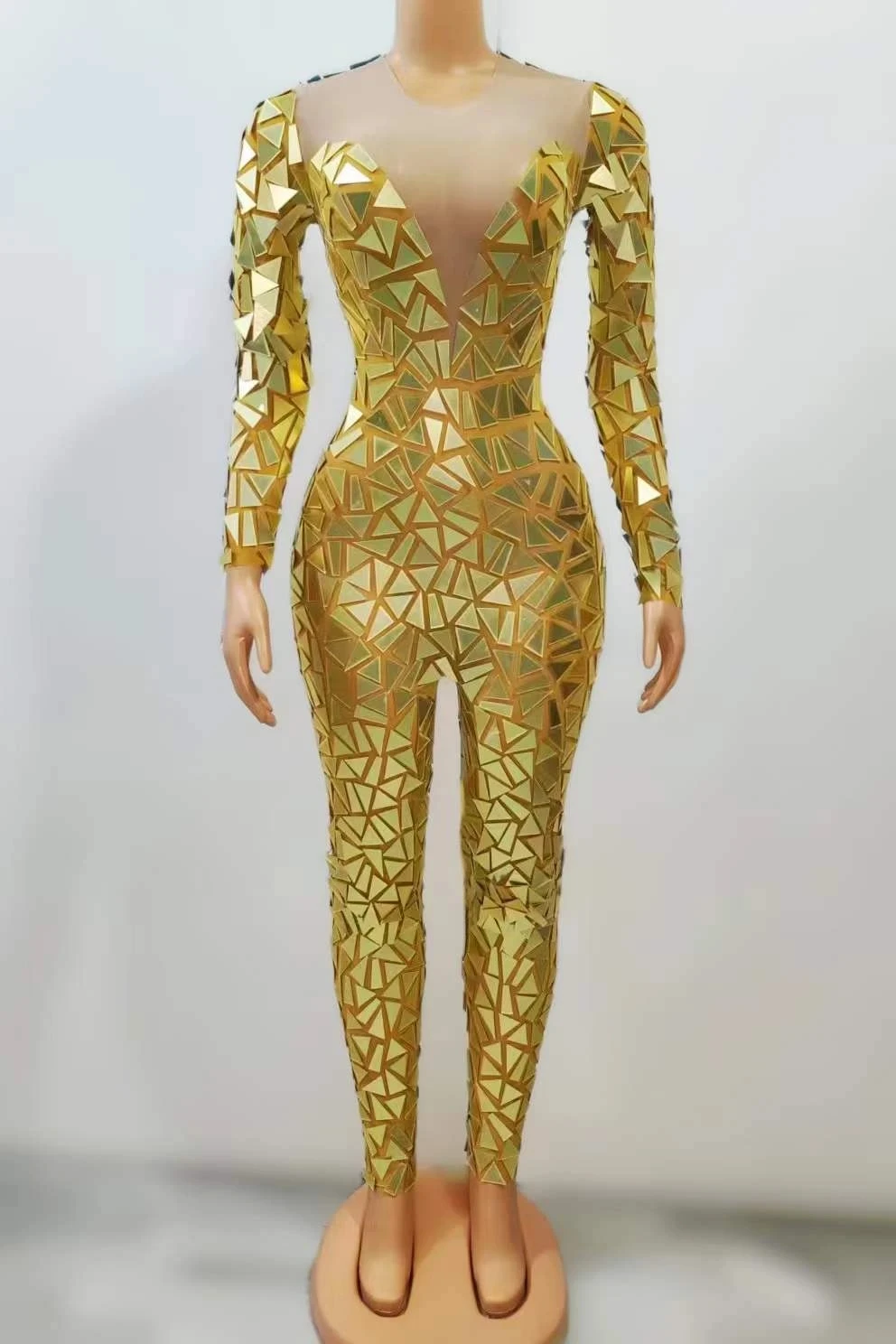 

Party Mirrors Long Sleeves Transparent Jjumpsuit Birthday Celebrate Costume Evening Women Dance Bodysuit